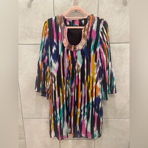 Trina Turk Pink and Black Pleated Tunic with 3/4 Sleeves